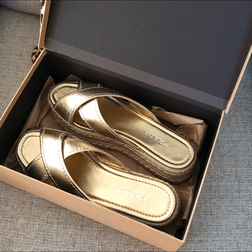 NEW Prada Crisscross Espadrille Gold